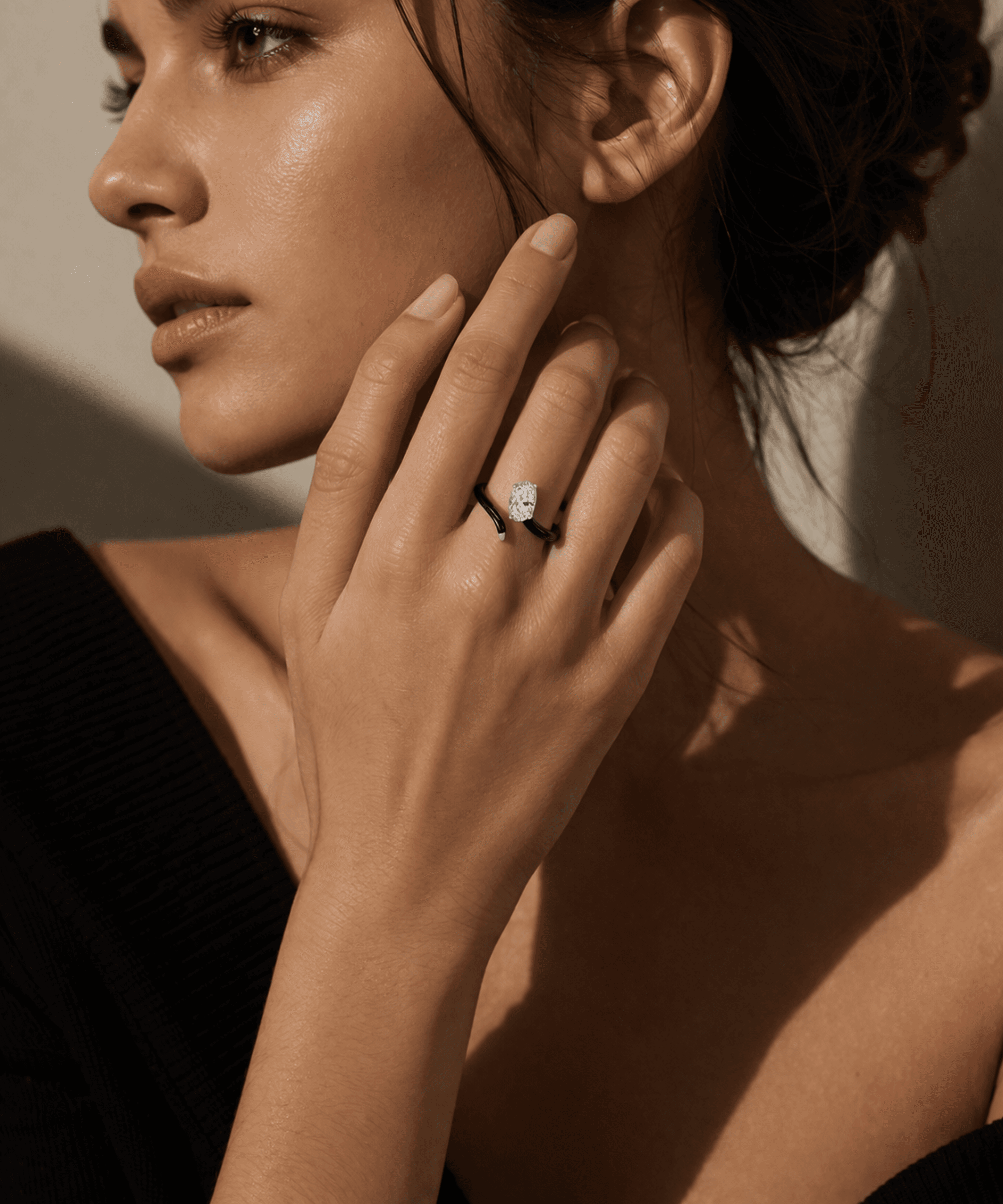 Black Enamel Oval Solitaire Open Ring thumbnail 2