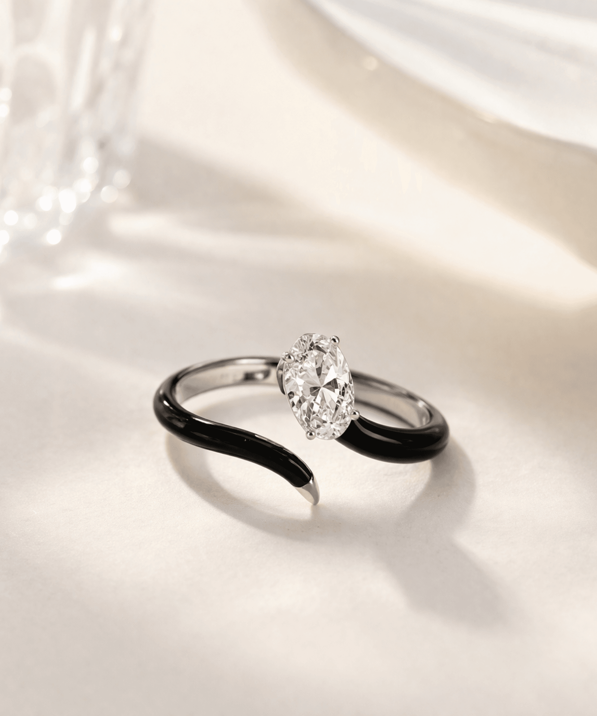 Black Enamel Oval Solitaire Open Ring alternate view